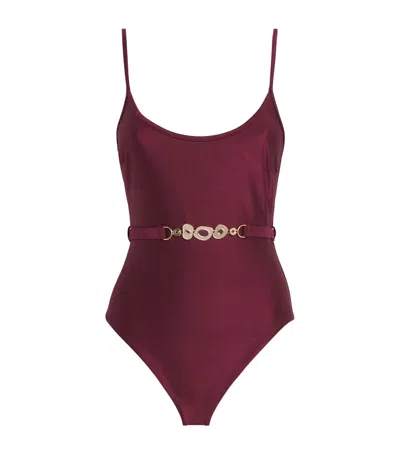 Zimmermann Belted Scoop-neck Awaken Swimsuit In Burgundy