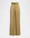 Zimmermann Belted Pleated Silk-satin Wide-leg Pants In Khaki