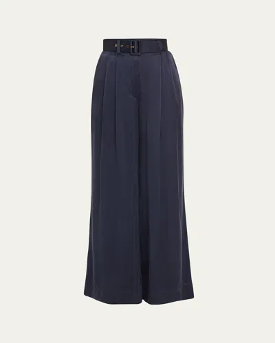 Zimmermann Belted Silk Tuck Pants In Navy
