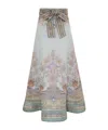 Zimmermann Eden Belted Paisley-print Linen And Silk-blend Organza Maxi Skirt In Gray