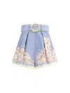 Zimmermann Cascadian Belted Lace-trimmed Pleated Floral-print Linen Shorts In Blue