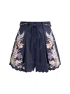 Zimmermann Pleated Floral-print Shorts With Scalloped Hem And Rope Waist Belt In Blue