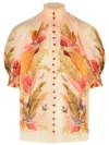 Zimmermann 'billow' Ramie Puff Sleeves Blouse In 'cream Palm Floral'