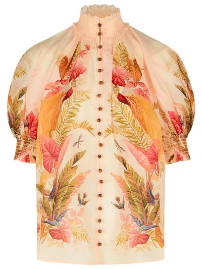 Zimmermann 'billow' Ramie Puff Sleeves Blouse In 'cream Palm Floral' Women