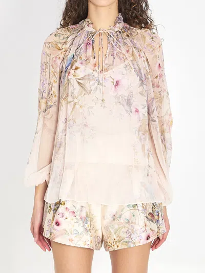 Zimmermann 'rebellion' Multicolor Blouse With Bow Detail On The Front And All-over Floral Motif In Viscose Woma