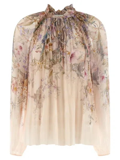 Zimmermann 'rebellion' Multicolor Blouse With Bow Detail On The Front And All-over Floral Motif In Viscose Woma