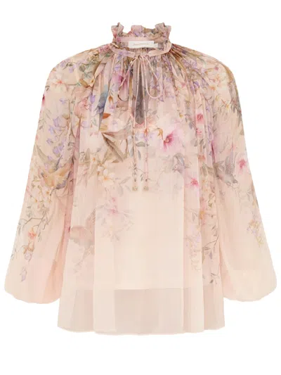 Zimmermann 'rebellion' Multicolor Blouse With Bow Detail On The Front And All-over Floral Motif In Viscose Woma