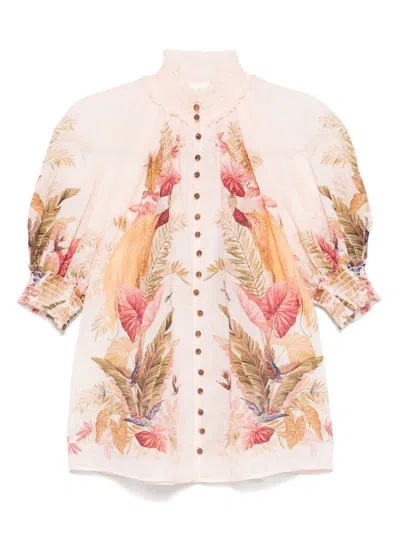 Zimmermann Billowing Blouse With High Neck And Short Sleeves In Neutral