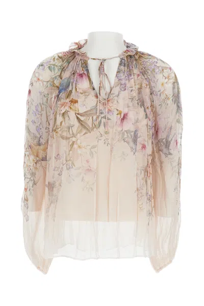 Zimmermann Billowing Blouse With V-neckline And Rouleau Tie In Multi