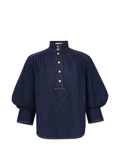 Zimmermann Billow-sleeve Denim Blouse In 블루