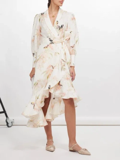 Zimmermann + Net Sustain Printed Linen Midi Wrap Dress In Beige