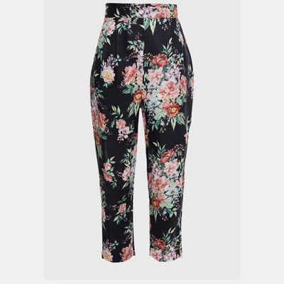 Pre-owned Zimmermann Black Floral Linen Tapered Pants M (1) In Multicolor