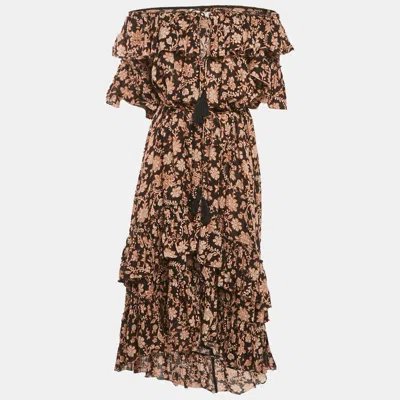 Pre-owned Zimmermann Black Floral Print Linen Tiered Off- Shoulder Dress M