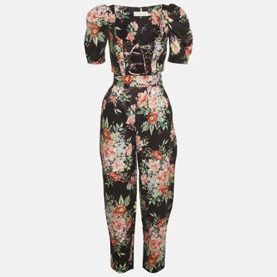 Pre-owned Zimmermann Black Floral Print Linen Top And Pants Set Xs/s