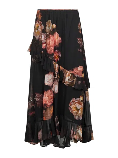 ZIMMERMANN BLACK FLORAL VISCOSE HYPNOTIC ASYMMETRIC SKIRT