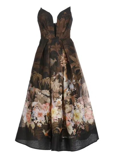 Zimmermann Illuminate Draped Midi Dress In Black Tropical