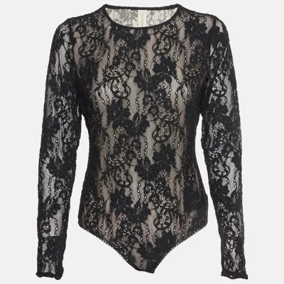 Pre-owned Zimmermann Black Lace Long Sleeve Bodysuit Top L