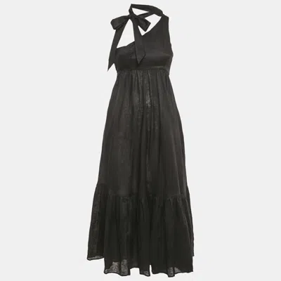 Pre-owned Zimmermann Black Linen Tie Neck Detail Empire Mid Dress Xs