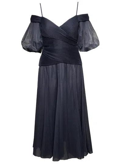 Zimmermann Black Off-shoulder Pleated Midi Dress In Black Chiffon Woman In Blue