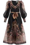 Zimmermann Illustration Belted Printed Linen And Silk-blend Organza Midi Dress