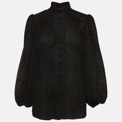 Pre-owned Zimmermann Black Plisse And Linen Puff Sleeve Blouse M
