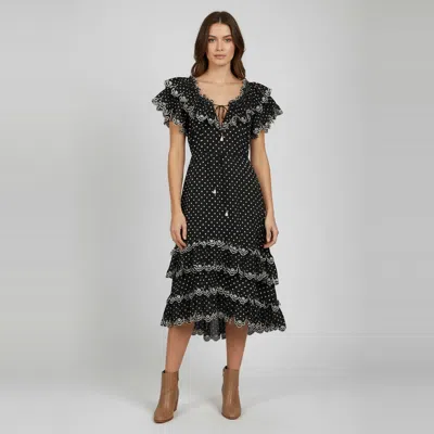 Pre-owned Zimmermann Black Polka Dot Embroidered Linen Tiered Midi Dress M