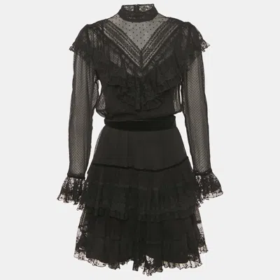 Pre-owned Zimmermann Black Silk & Lace Trim Ruffled Mini Dress M