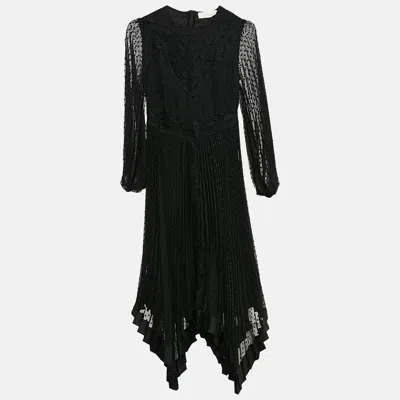 Pre-owned Zimmermann Black Swiss Dots Lace And Chiffon Plisse Espionage Midi Dress S