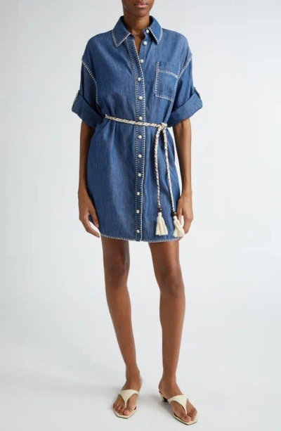 Zimmermann Blanket Stitch Denim Mini Shirtdress In Railway Blue