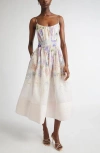 Zimmermann Dawning Belted Floral-print Linen And Silk-blend Midi Dress In Multi Hydrangea