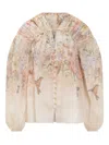 Zimmermann Illuminatebeige Blouse With Puffed Sleeves And All-over Floral Print In Linen And Silk Blend Woman