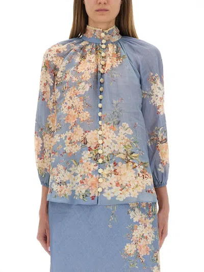 Zimmermann Blouse With Puff Sleeves "cascadian" In Blue