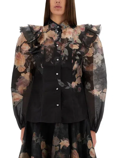 Zimmermann Crush Frill Sleeve Floral Blouse In Black