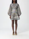 Zimmermann Wanderlust Multicolor Crewneck Mini Dress With Puffed Long Sleeves And All-over Print In Cotton And  In Multi