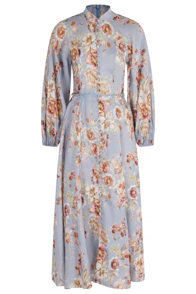 Zimmermann Blue Awaken Billow Floral V-neck Linen Midi Dress In White