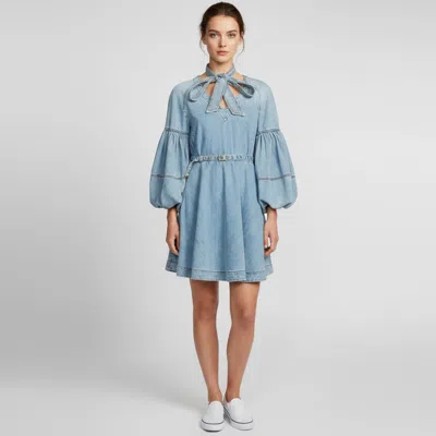 Pre-owned Zimmermann Blue Denim Puff Sleeved Neck Tie Mini Dress M