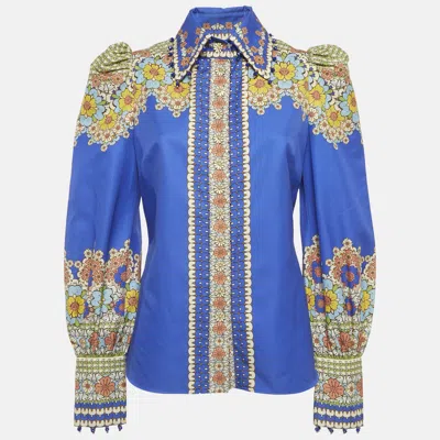 Pre-owned Zimmermann Blue Floral Print Cotton Embellished Shirt M
