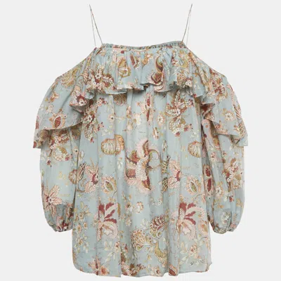 Zimmermann Blue Floral Print Cotton Ruffled Blouse In White