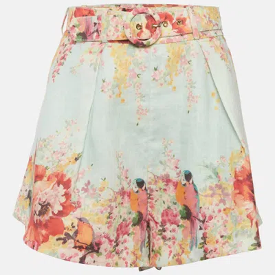 Zimmermann Blue Floral Print Linen Belted Shorts In Transparent