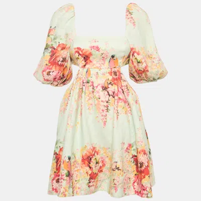 Pre-owned Zimmermann Blue Floral Print Linen Mae Cut Out Mini Dress S
