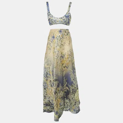 Pre-owned Zimmermann Blue Floral Print Silk Tama Bralette And Maxi Skirt Set M