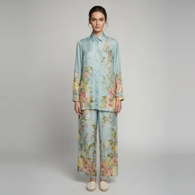 Pre-owned Zimmermann Blue Floral Print Silk Waverly Relaxed Shirt And Pants Set M
