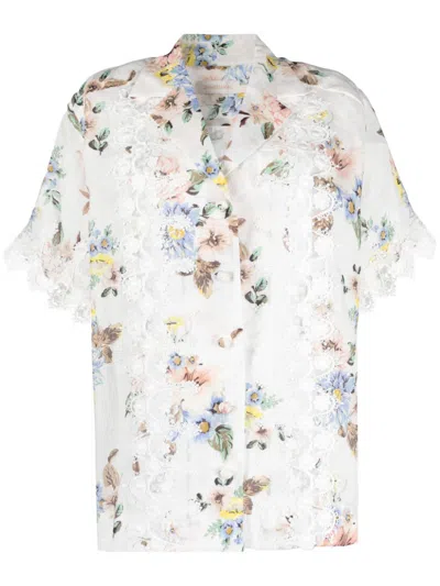 Zimmermann Guipure Lace-trimmed Floral-print Ramie Shirt In Blue