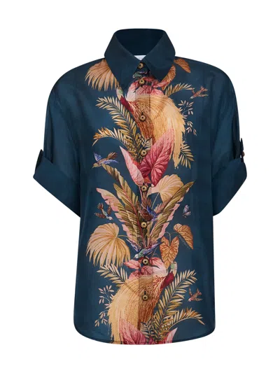 ZIMMERMANN BLUE PALM FLORAL SILK HABOTAI ASCENSION SHIRT