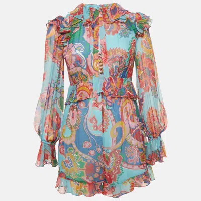 Pre-owned Zimmermann Blue Printed Silk Ruffled Playsuit M