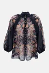 Zimmermann Rhiannon Billow Blue Blouse With High Neck And All-over Paisley Print In Ramie Woman