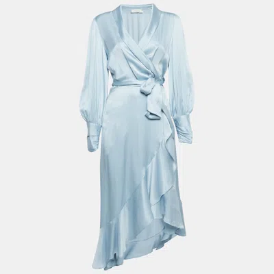 Pre-owned Zimmermann Blue Silk Satin Asymmetric Midi Wrap Dress M