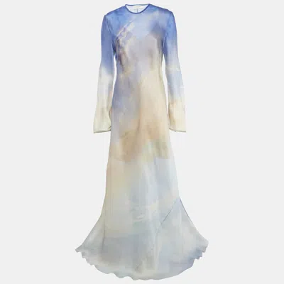 Pre-owned Zimmermann Blue Watercolor Print Silk Tama Bias Slip Maxi Dress L