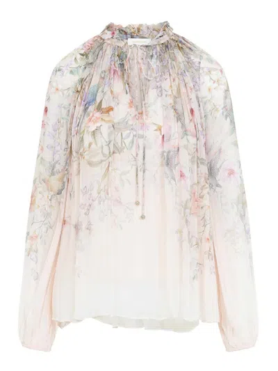 Zimmermann 'rebellion' Multicolor Blouse With Bow Detail On The Front And All-over Floral Motif In Viscose Woma