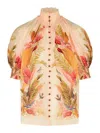 Zimmermann Ascension Embellished Shirred Floral-print Ramie Blouse